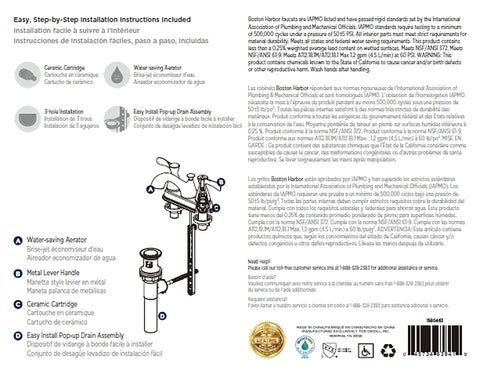 Boston Harbor F51B0010NP Lavatory Faucet, 1.2 gpm, 2-Faucet Handle, 3-Faucet Hole, Metal/Plastic, Brushed Nickel