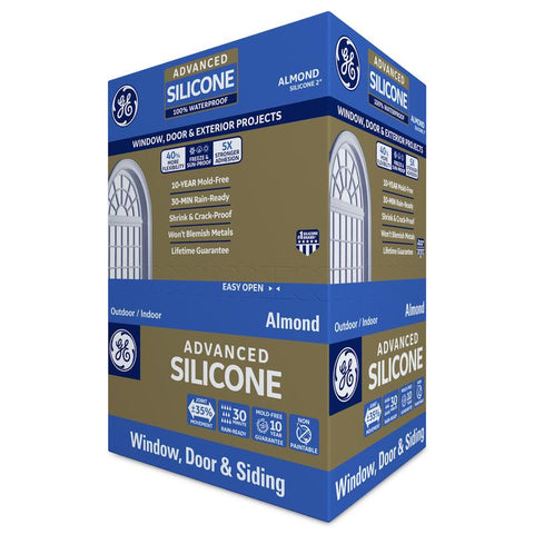 GE Advanced Almond Silicone 2 Window and Door Caulk Sealant 10.1 oz, Pack of 12