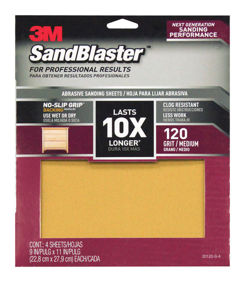 3M SandBlaster Sharp Synthetic Mineral Sandpaper 11 in. L x 9 in. W 120 Grit Medium 4 pk