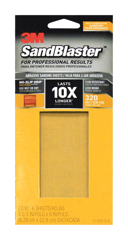 3M SandBlaster Sharp Synthetic Mineral Sandpaper 9 in. L x 3-2/3 in. W 320 Grit Fine 6 pk