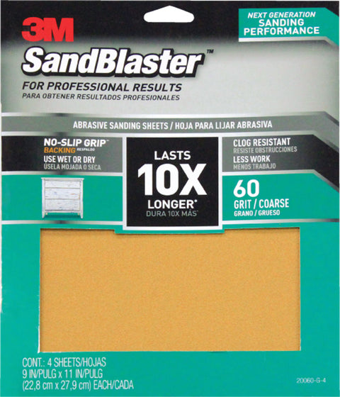 3M SandBlaster Sharp Synthetic Mineral Sandpaper 11 in. L x 9 in. W 60 Grit Coarse 4 pk
