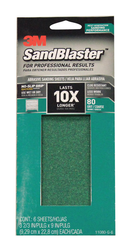 3M SandBlaster Sharp Synthetic Mineral Sandpaper 9 in. L x 3-2/3 in. W 80 Grit Coarse 6 pk