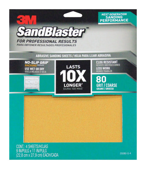 3M SandBlaster Sharp Synthetic Mineral Sandpaper 11 in. L x 9 in. W 80 Grit Coarse 4 pk