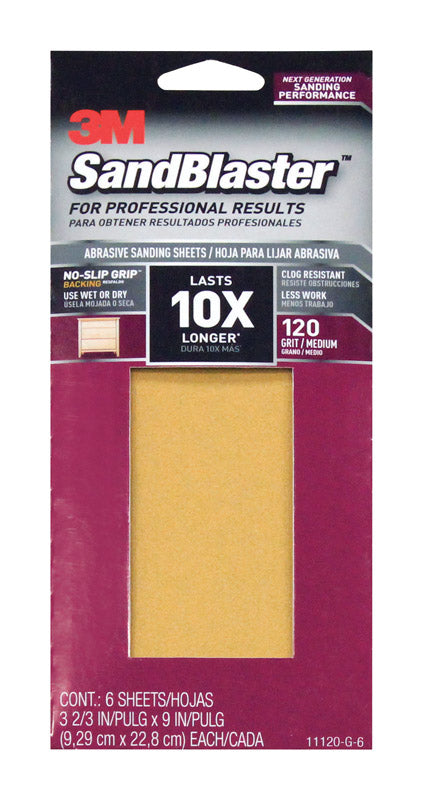 3M SandBlaster Sharp Synthetic Mineral Sandpaper 9 in. L x 3-2/3 in. W 120 Grit Medium 6 pk
