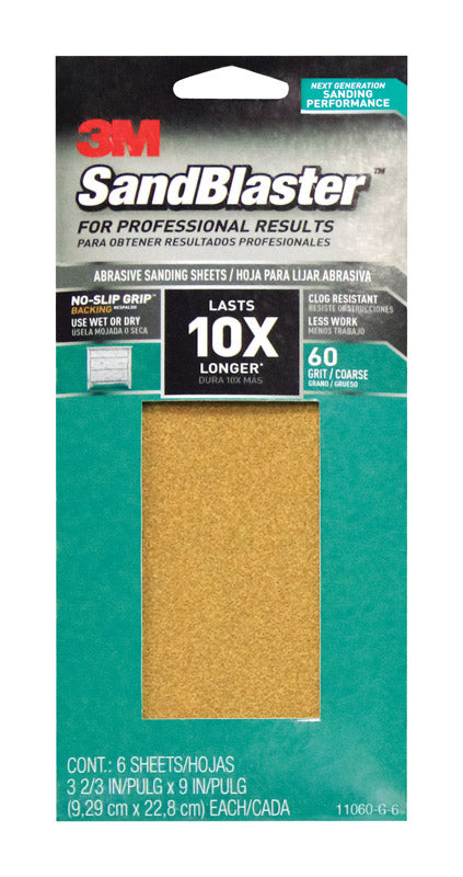 3M SandBlaster Sharp Synthetic Mineral Sandpaper 9 in. L x 3-2/3 in. W 60 Grit Coarse 6 pk