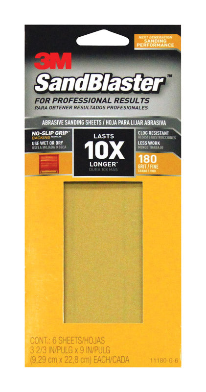 3M SandBlaster Sharp Synthetic Mineral Sandpaper 9 in. L x 3-2/3 in. W 180 Grit Medium 6 pk