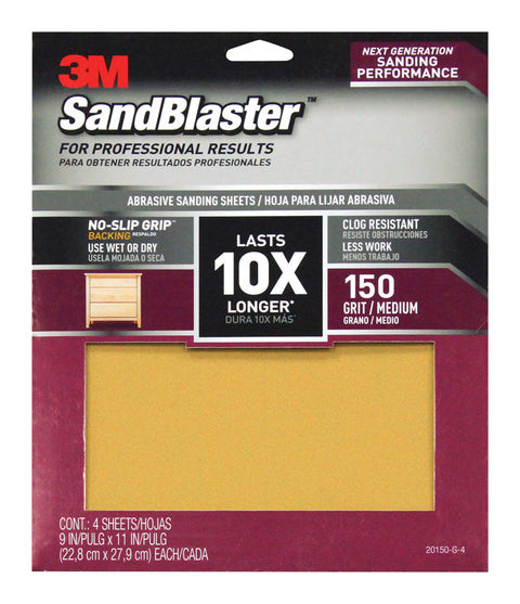 3M SandBlaster Sharp Synthetic Mineral Sandpaper 11 in. L x 9 in. W 150 Grit Medium 4 pk