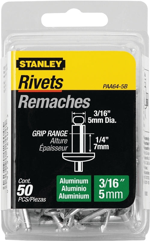STANLEY PAA64-5B Pop Rivet, Reusable, 1/4 in Grip, 3/16, 1-1/2 in L, A ...