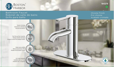 Boston Harbor FS6A0128CP Lavatory Faucet, 1.2 gpm, 1-Faucet Handle, 1 or 3-Faucet Hole, Metal/Plastics, Chrome