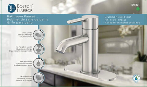 Boston Harbor FS6A0128NP Lavatory Faucet, 1.2 gpm, 1-Faucet Handle, 1 or 3-Faucet Hole, Metal/Plastics, Brushed Nickel