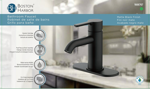 Boston Harbor FS6A0128BL Lavatory Faucet, 1.2 gpm, 1 -Faucet Handle, 1 or 3 -Faucet Hole, Metal/Plastics