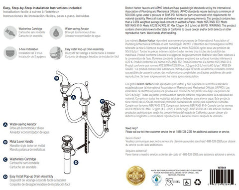 Boston Harbor TQ-FW6B0000CP Lavatory Faucet, 1.2 gpm, 2-Handle, 3-Faucet Hole, Brass/Plastic/Zinc, Lever Handle