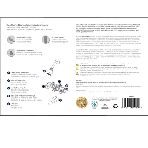 Boston Harbor GU-F3010506CP Tub/Shower, Fixed Mount Showerhead, 1.75 gpm Showerhead, 1 Spray Settings, 3-Handle