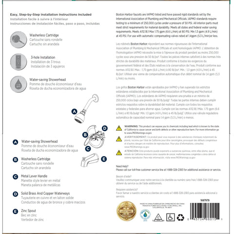 Boston Harbor TQ-F1014209CP Tub/Shower, Fixed Mount Showerhead, 1.75 gpm Showerhead, 1 Spray Settings, 1-Handle