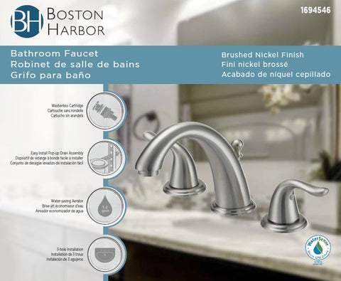 Boston Harbor TQ-FW6B0000NP Lavatory Faucet, 1.2 gpm, 2-Handle, 3-Faucet Hole, Brass/Plastic/Zinc, Lever Handle