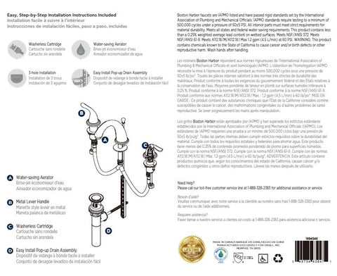 Boston Harbor TQ-FW6B0000NP Lavatory Faucet, 1.2 gpm, 2-Handle, 3-Faucet Hole, Brass/Plastic/Zinc, Lever Handle