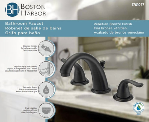 Boston Harbor TQ-FW6B0000RW Lavatory Faucet, 1.2 gpm, 2-Handle, 3-Faucet Hole, Brass/Plastic/Zinc, Lever Handle