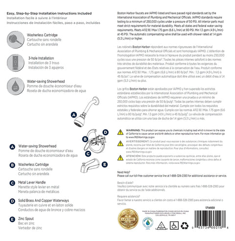 Boston Harbor TQ-F1014209NP Tub/Shower, Fixed Mount Showerhead, 1.75 gpm Showerhead, 1 Spray Settings, 1-Handle