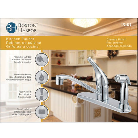Boston Harbor FS610045CP Kitchen Faucet, 1.8 gpm, 1-Faucet Handle, 4-Faucet Hole, Metal/Plastic, Chrome Plated