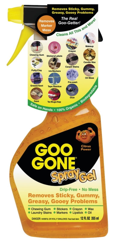 Goo Gone 2096 Goo and Adhesive Remover, 12 oz Bottle, Gel, Citrus, Orange