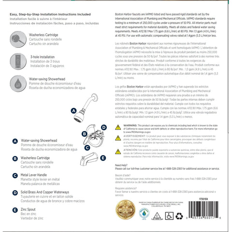 Boston Harbor TQ-F1014209RW Tub/Shower, Fixed Mount Showerhead, 1.75 gpm Showerhead, 1 Spray Settings, 1-Handle