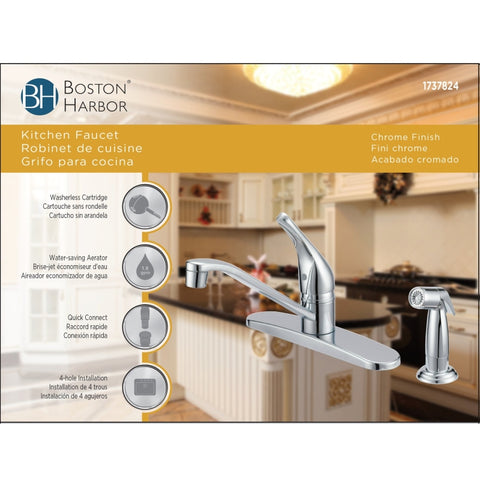 Boston Harbor FS610046CP Kitchen Faucet, 1.8 gpm, 1-Faucet Handle, 4-Faucet Hole, Metal/Plastic, Chrome Plated