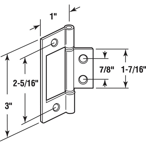 Prime-Line N 6656 Door Hinge, 1-7/16 in H Door Leaf, 3 in H Frame Leaf, 1 in W Frame Leaf, 3-3/4 in L x 3-3/4 in W