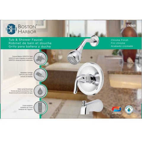 Boston Harbor TQ-F1214517CP Tub/Shower, Fixed Mount Showerhead, 1.75 gpm Showerhead, 1 Spray Settings, 1-Handle