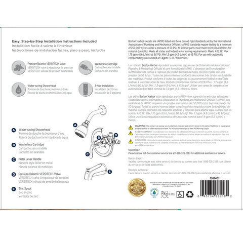 Boston Harbor TQ-F1214517CP Tub/Shower, Fixed Mount Showerhead, 1.75 gpm Showerhead, 1 Spray Settings, 1-Handle