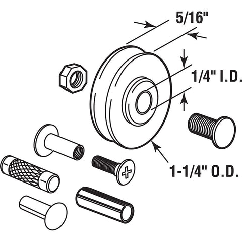 Prime-Line D 1798 Roller and Axle Kit, 1/4 in ID x 1-1/4 in OD Dia Roller, 5/16 in W Roller, Nylon/Steel