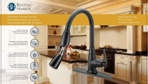 Boston Harbor FP4A0000BL Faucet Pull-Down Kitchen Faucet, 1.8 gpm, 1 -Faucet Handle, 1 or 3 Hole -Faucet Hole