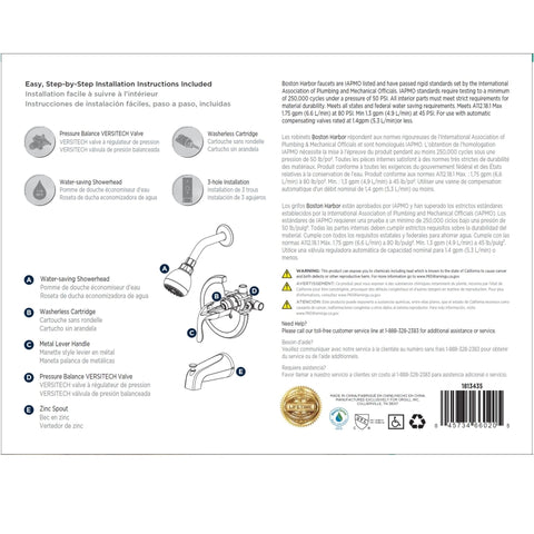 Boston Harbor TQ-F1214517RW Tub/Shower, Fixed Mount Showerhead, 1.75 gpm Showerhead, 1 Spray Settings, 1-Handle