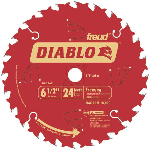 Diablo D0624X Circular Saw Blade, 6-1/2 in Dia x 0.039 in T, 24 Teeth, 5/8 in Arbor