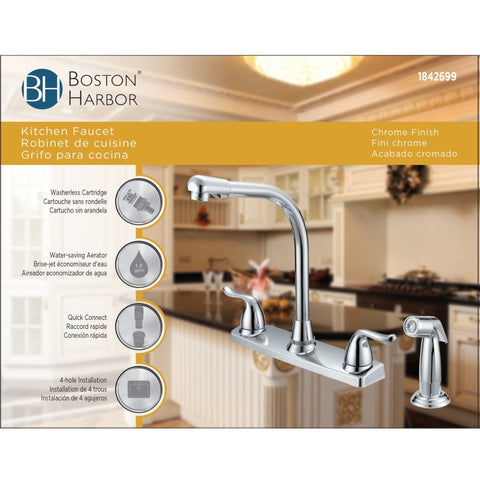 Boston Harbor F8F10036CP Kitchen Faucet, 1.8 gpm, 2-Faucet Handle, 4-Faucet Hole, Metal/Plastic, Chrome Plated