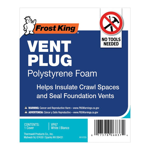Frost King VP67 Large Foundation Vent Plug, 7-3/4 in H, Polystyrene, White