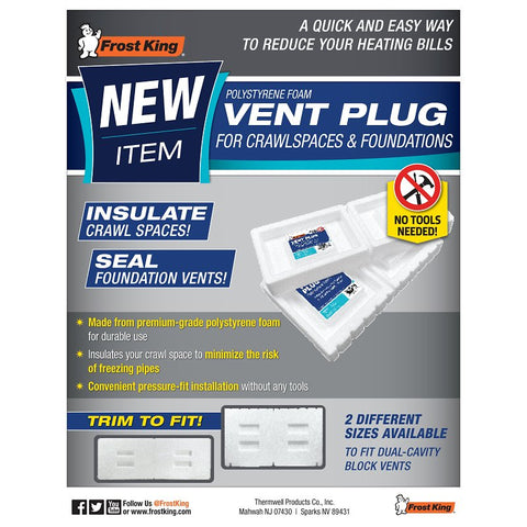 Frost King VP67 Large Foundation Vent Plug, 7-3/4 in H, Polystyrene, White