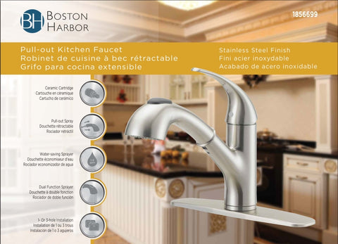 Boston Harbor FP4A4079NP Kitchen Faucet, 1.8 gpm, 1-Faucet Handle, 1, 3-Faucet Hole, Metal/Plastic, Stainless Steel