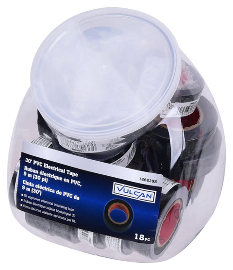 Vulcan W501D Electrical Tape, 30 ft L, 0.75 in W, PVC Backing, Black, Pack of 18