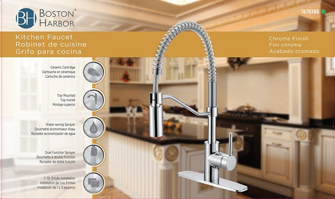 Boston Harbor FP4A0096CP Spring Pull-Down Kitchen Faucet, 1.8 gpm, 1 -Faucet Handle, 1 or 3 Hole -Faucet Hole