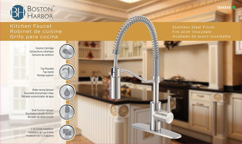 Boston Harbor FP4A0096NP Spring Pull-Down Kitchen Faucet, 1.8 gpm, 1 -Faucet Handle, 1 or 3 Hole -Faucet Hole