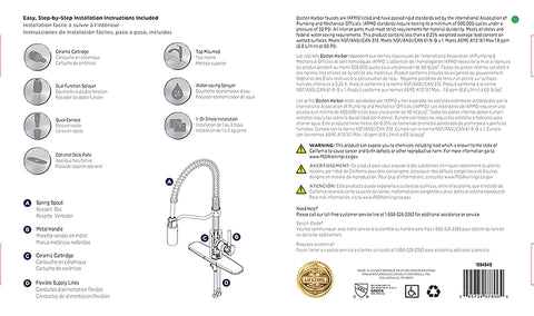 Boston Harbor FP4A0096NP Spring Pull-Down Kitchen Faucet, 1.8 gpm, 1 -Faucet Handle, 1 or 3 Hole -Faucet Hole