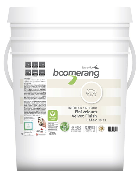 Boomerang 5181 Series 5181-15L34 Interior Paint, Velvet, Cotton, 18.9 L, 40 sq-m Coverage Area