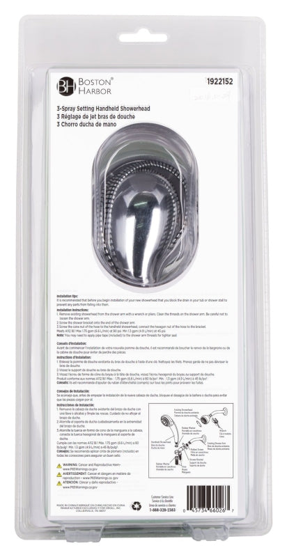 Boston Harbor HS00813CP Hand-Held Shower Head, 1.75 (6.6) 80 gpm (L/MIN) psi, 1/2-14 NPT Connection, Threaded, PVC