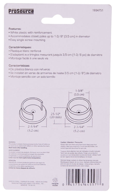 ProSource Closet Pole Socket, Plastic, White