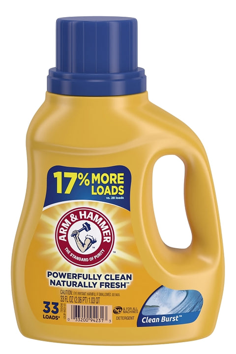 Arm & Hammer Clean Burst 97538 Laundry Detergent, 33 oz Bottle, Liquid, Characteristic, Pack of 8