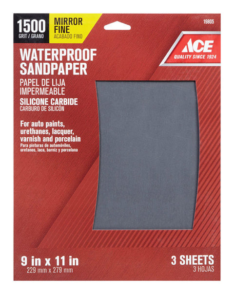 Ace Silicon Carbide Sandpaper 11 in. L 1500 Grit Mirror Fine 3 pk