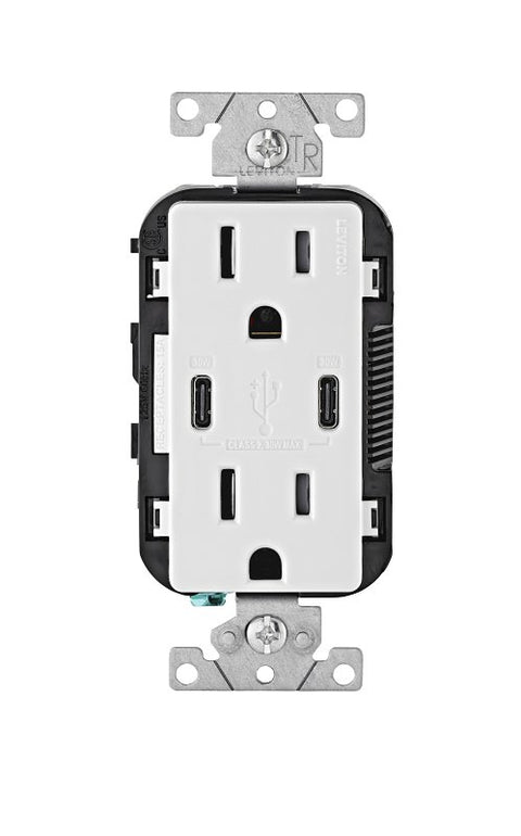 Decora R02-T5635-0BW Duplex Outlet and USB Charger, 1-Pole, 15 A, 125 V, 2-USB Port, Type C USB, White
