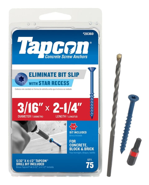 Tapcon 28360 Concrete Screw Anchor, 3/16 in Dia, 2-1/4 in L, Steel, Climaseal, 75/PK