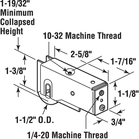 Prime-Line D 1831 Roller Assembly, 2-5/8 in L x 3/4 in W x 1-1/8 in H Dimensions, 1-1/2 in Dia Roller, 5/16 in W Roller