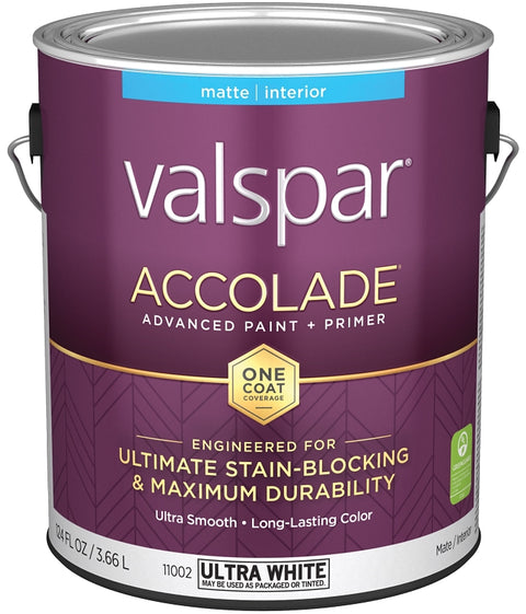 Valspar Accolade 1100 028.0011002.007 Latex Paint, Acrylic Base, Matte, Ultra White, 1 gal, Plastic Can, Pack of 4